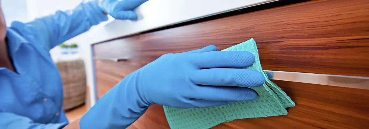Cleaner wearing blue gloves wiping a wooden cabinet drawer with a microfiber cloth for dust and grime removal, Cape Coral, FL.