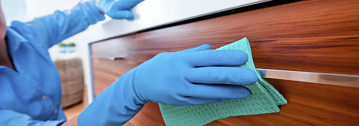 Cleaner wearing blue gloves wiping a wooden cabinet drawer with a microfiber cloth for dust and grime removal, Cape Coral, FL.