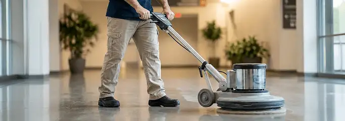 Professional technician using an industrial floor buffer to polish and maintain shiny commercial flooring in a corporate hallway in Cape Coral, FL.