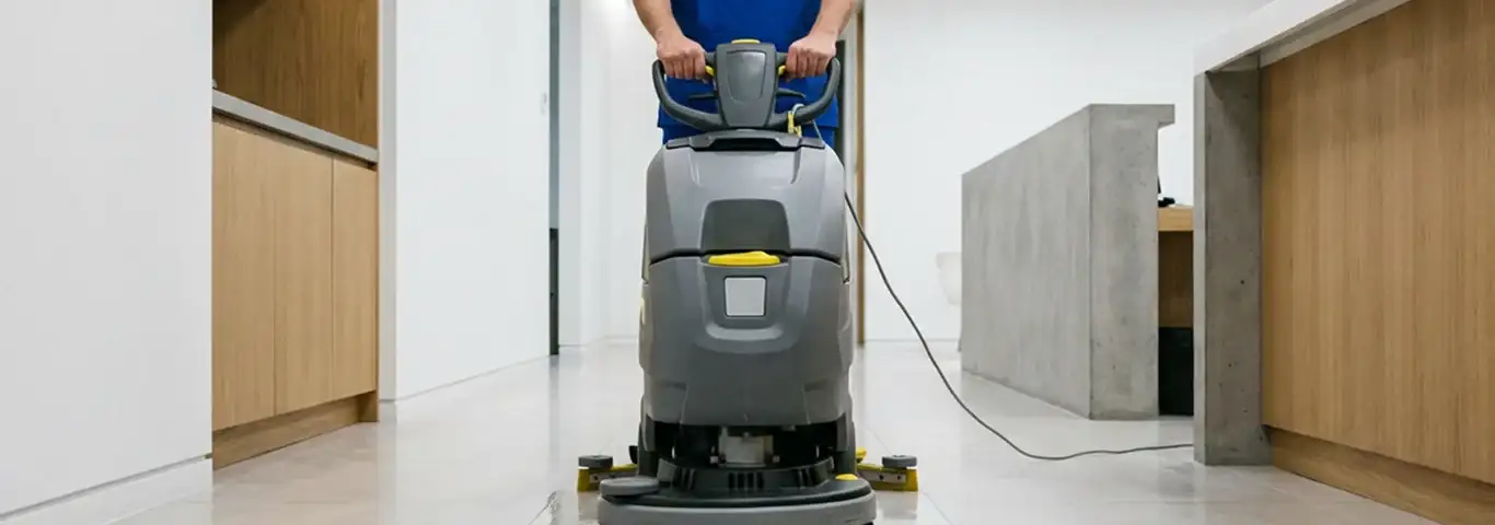 Janitorial staff using a floor scrubber machine to clean a commercial hallway, Cape Coral, FL.
