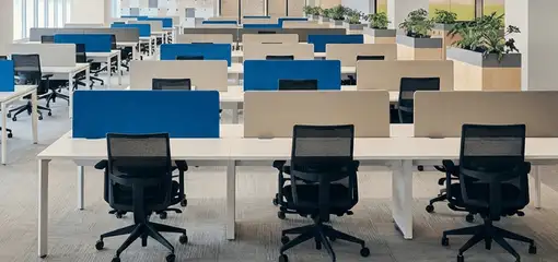 Modern open-plan office space featuring clean workstations, ergonomic chairs, and sanitized carpets provided by professional office cleaning services in Cape Coral, FL.
