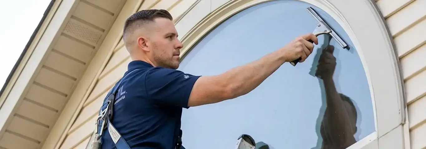 Professional window cleaner using a squeegee to clean an exterior arched window on a home, Cape Coral, FL.