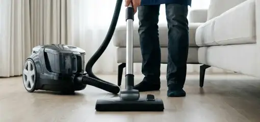Professional house cleaner vacuuming a living room floor with a canister vacuum cleaner, Cape Coral, FL.