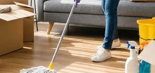 Move-out cleaning setup with a cleaner mopping hardwood floors near moving boxes and cleaning supplies, Cape Coral, FL.