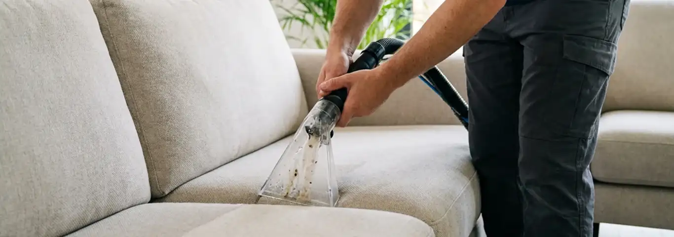 Technician extracting dirt and moisture from a fabric sofa with an upholstery cleaning wand, Cape Coral, FL.