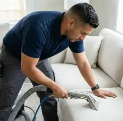 Professional upholstery cleaning technician using an extraction wand to deep-clean a fabric sofa, Cape Coral, FL.