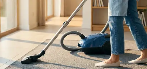 Person vacuuming a living room rug with a canister vacuum cleaner near large windows, Cape Coral, FL.